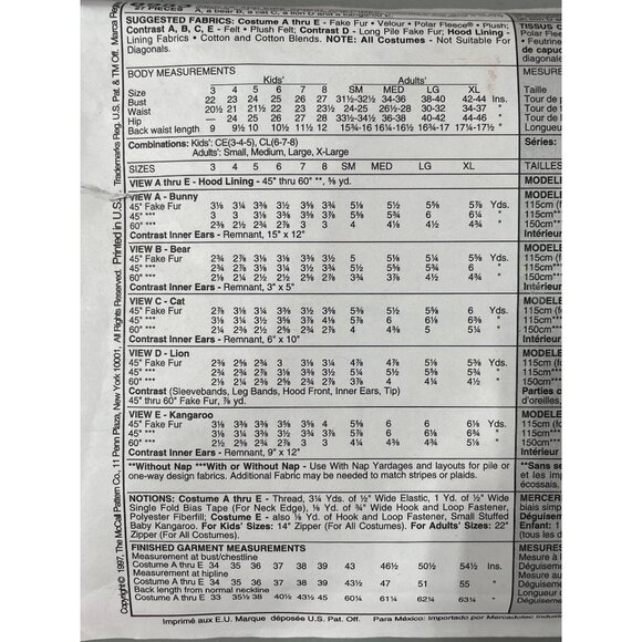 90s McCalls 8953 Sewing Pattern Size XL 42-44 Adult & Kids Animal Costume UNCUT - Picture 5 of 6